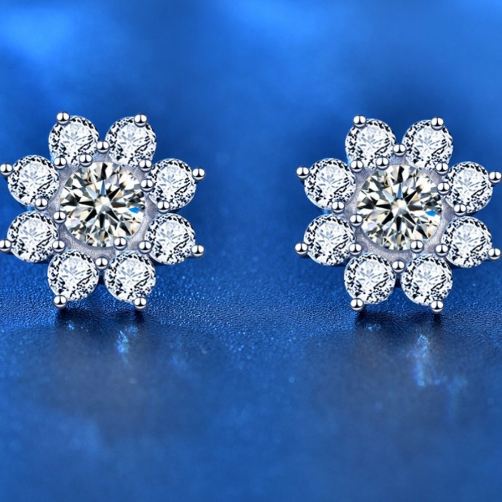 Certified 1ct. t.w. Diamond Moissanite Sun Flower Stud Earrings NEW J - Picture 1 of 8